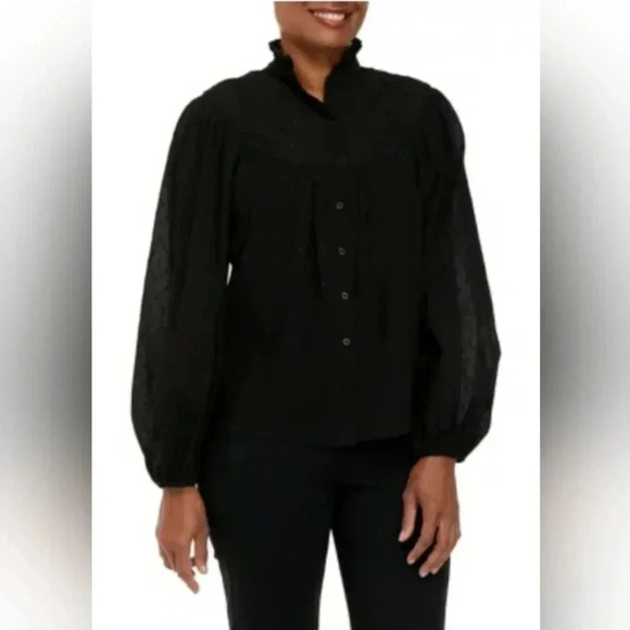 Chaps Ralph Lauren Black Boho Button Down Gold Thread dots. Ruffle collar. - Picture 1 of 12